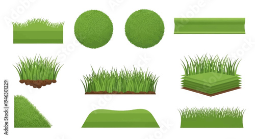 Vector set of stylized green grass icons and landscape design elements including grass patches, circular lawns, hills, and tufts on a clean white background.