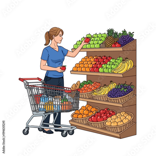 Woman choosing fresh apples from a grocery store produce display with a shopping cart