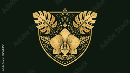 Luxury Orchid Crest Emblem - Elegant Floral Business Logo Design, Premium Branding