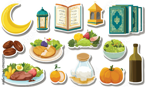 Healthy breakfast food icons set with fruits vegetables bread milk egg juice and tea