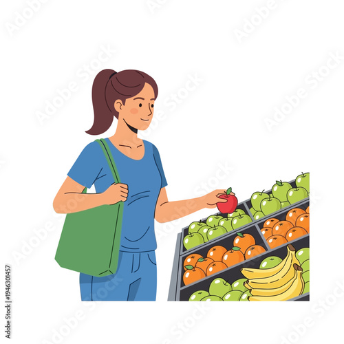 Woman choosing fresh red apple from fruit display at grocery store