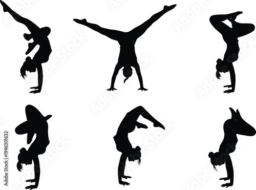 Collection of female gymnast handstand silhouettes showing acrobatic balance poses isolated on white background for fitness yoga dance design set