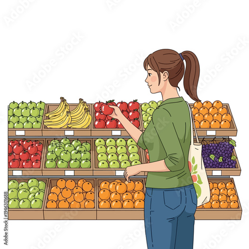 Woman choosing fresh red apple from fruit stall in grocery store or market