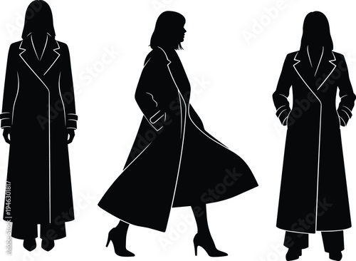 Elegant woman long coat silhouettes fashion model standing and walking poses stylish female outfit isolated on white background
