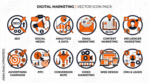 Digital Marketing Icon Pack SEO Social Media Analytics Email Content Influencer Marketing.