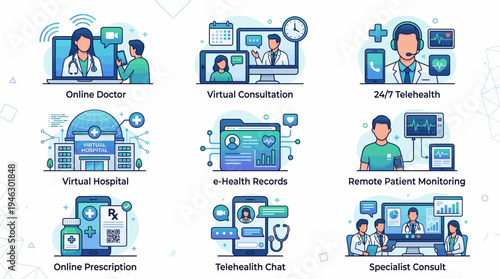 Comprehensive Telemedicine and Digital Healthcare Services Illustration Set.