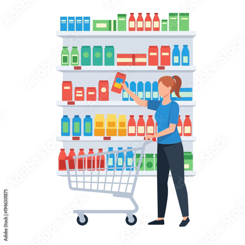 Woman choosing products from a supermarket shelf with a shopping cart