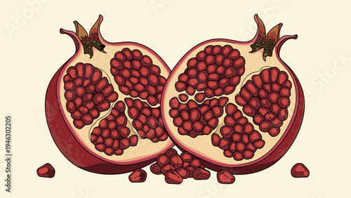 Fresh Pomegranate Halves & Seeds Illustration - Healthy Food Ingredient Art