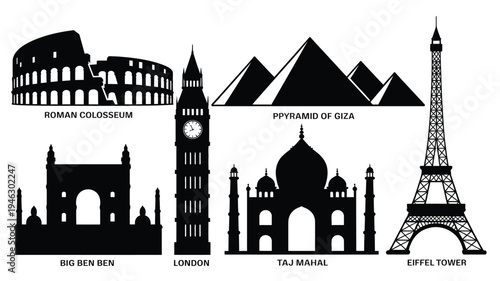 Monumental landmarks vector graphics collection featuring famous global structures