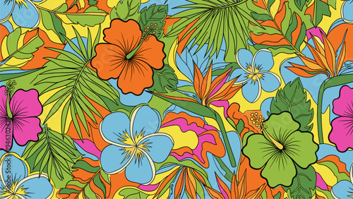 Vibrant Tropical Floral Seamless Pattern Design for Textiles & Decor | Exotic Hibiscus & Palm Leaves