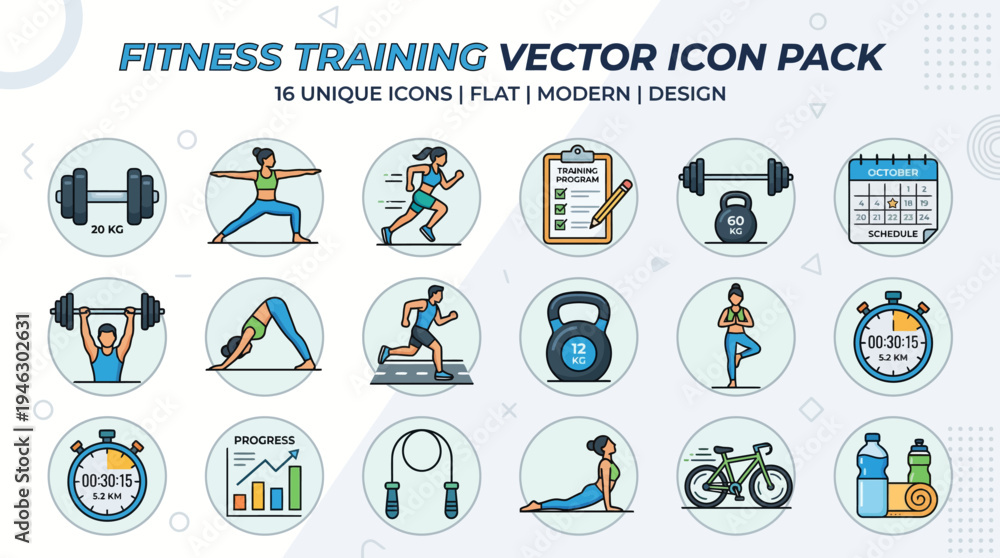 Fototapeta premium Fitness Training Vector Icon Pack with 18 Unique Flat Modern Designs.