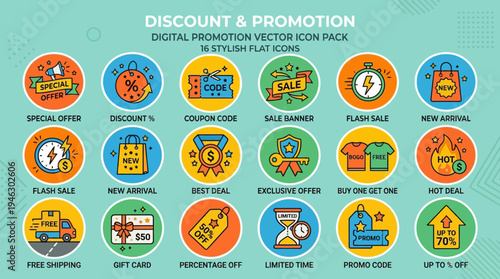 Digital promotion vector icon pack with stylish flat icons for discount and promotion.