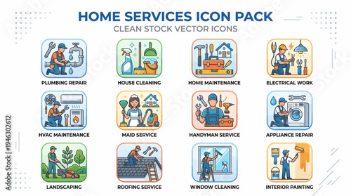 Home Services Icon Pack Comprehensive Collection of Household Maintenance and Repair Vector Icons.