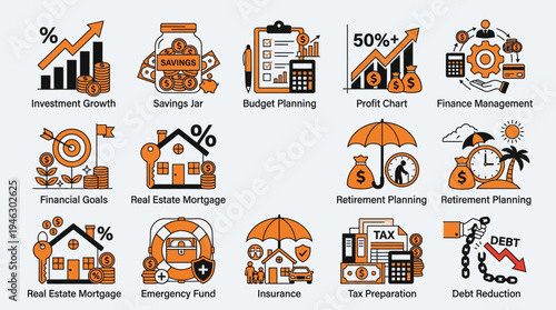 Financial planning and investment management icons set for business and personal finance.
