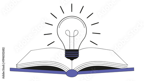 Illuminated light bulb concept rests atop an open book symbolizing knowledge discovery and bright new educational ideas