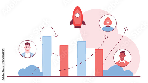 Illustrative concept showing business growth trajectory with a flying rocket above ascending bar charts and diverse team members