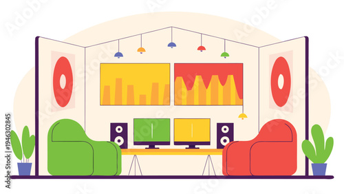 Stylized illustration of a vibrant home music production studio setup with dual monitors and cozy seating areas.