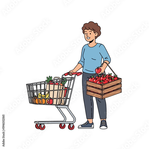 Woman with shopping cart and crate of apples, grocery shopping, healthy food, fruits and vegetables