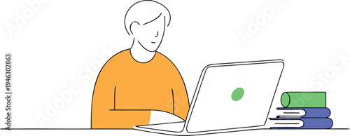 Simplified illustration of a person deeply engaged in work or study using a modern laptop computer at a clean desk.