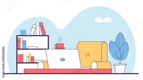 Minimalist illustration depicting a cozy home office setup with a laptop and nearby bookshelf
