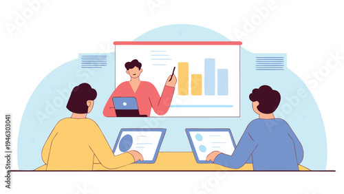 Professional presenter explaining data charts to a small group of engaged attendees during an important virtual business meeting or online workshop.