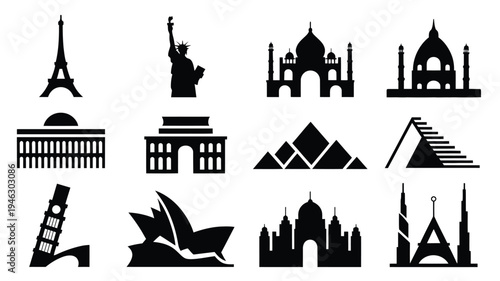 Collection of iconic travel landmarks and monuments in black silhouette on white background for design and decoration
