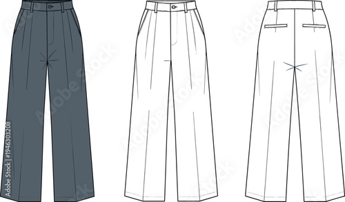 High waist wide leg trousers fashion flat sketch template with front back views and construction lines for apparel design development