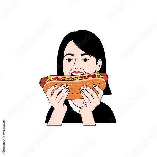 Woman Eating a Delicious Hot Dog with Mustard and Ketchup