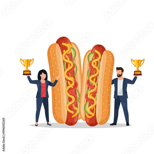 Winning Couple Celebrates with Giant Hot Dogs and Trophies