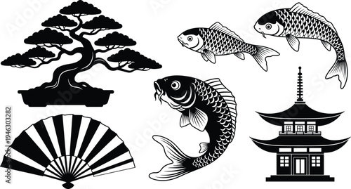 Traditional Japanese Culture Symbols Set Featuring Bonsai Tree Pagoda Temple Koi Fish And Folding Fan Silhouette Vector Illustrations For Zen Oriental Graphic Design Projects