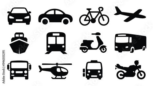 Transportation icons including cars bicycles airplanes buses and scooters in black silhouette on white background