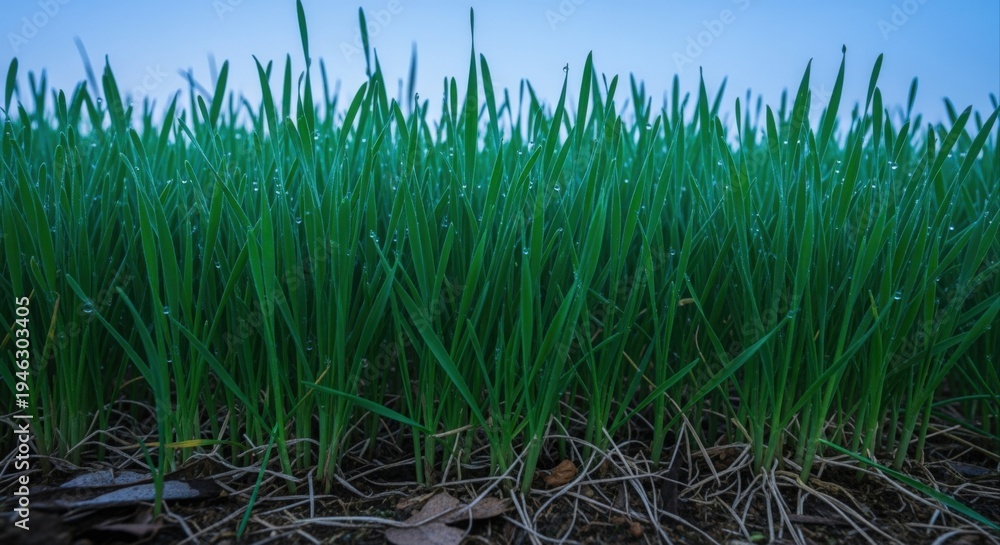 Fototapeta premium Lush green grass background in a field with a soft blue sky, close up