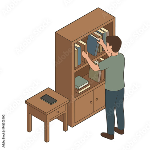Man taking book from shelf in living room with table and cabinet