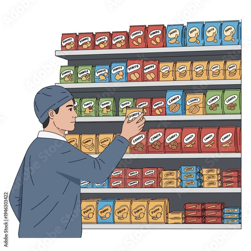 Man choosing snacks from a supermarket aisle, variety of packaged goods on shelves