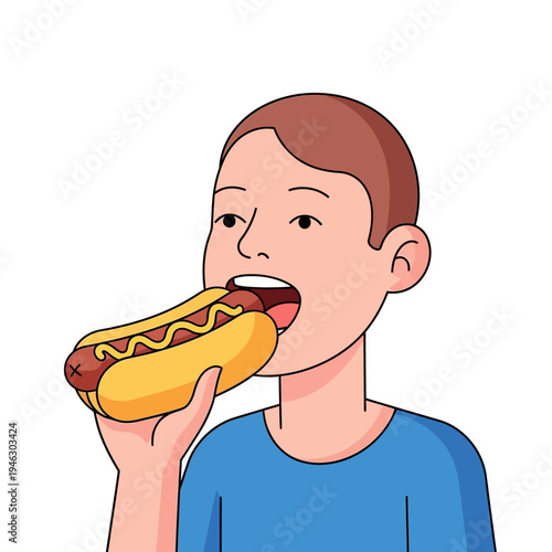 Young boy eating a hot dog with mustard, close-up shot, outdoor setting