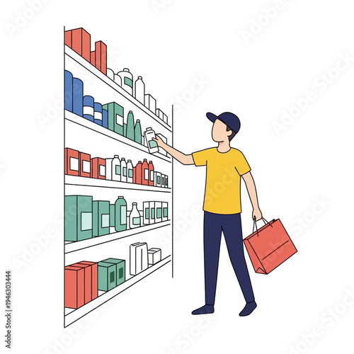 Man shopping for groceries in a supermarket aisle, selecting products from shelves.