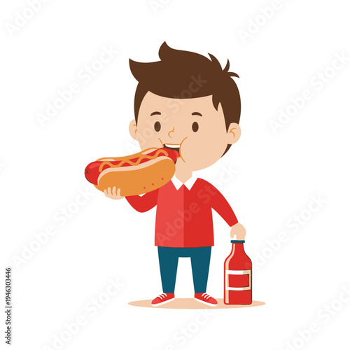 Young boy eating a hot dog and drinking soda