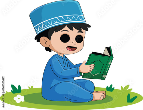 Cute Muslim boy character sitting on grass reading holy Quran, Islamic religious education for children, vector