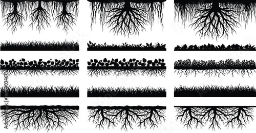 Tree and grass root system silhouettes collection showing underground plant roots, soil layers, and vegetation borders isolated black vector set for nature design