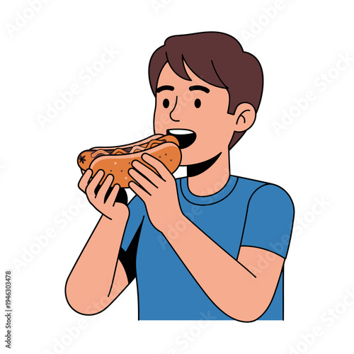 Young man eating a delicious hot dog with relish and mustard, enjoying a tasty snack.