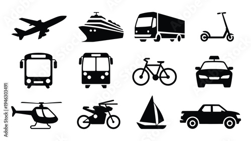 Modern transportation icons set including airplane cruise ship truck scooter bus bicycle car helicopter motorcycle sailboat and more on white background