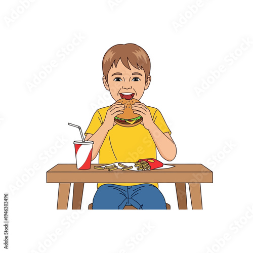 Young boy happily eating a burger and fries at a wooden table with a soda.