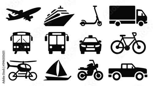 Modern transportation icons set including airplane ship scooter truck bus car bicycle helicopter sailboat motorcycle and van for travel and logistics design