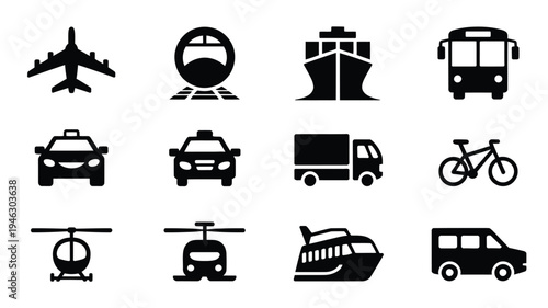 Transportation icons set including airplane train ship bus car truck bicycle helicopter and van on white background for travel and logistics design