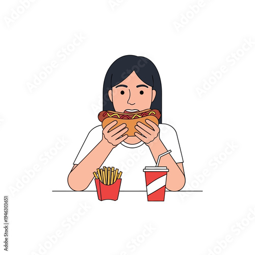 Young woman eating a hot dog with french fries and soda, fast food meal