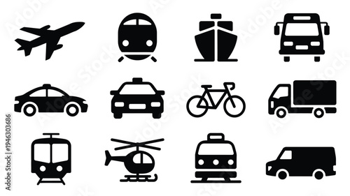 Various transportation modes silhouette icons set on white background