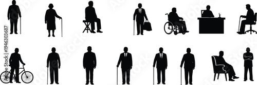 Senior people silhouettes elderly men with cane wheelchair sitting standing lifestyle collection isolated on white background vector set