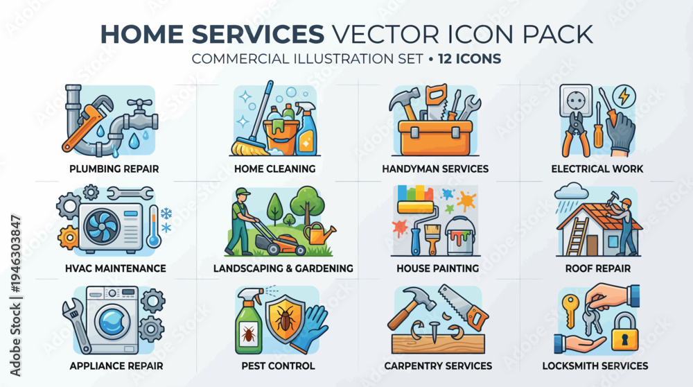 Fototapeta premium Home Services Vector Icon Pack Commercial Illustration Set.