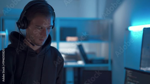 Programmer discussing software development in technology office with multiple monitors