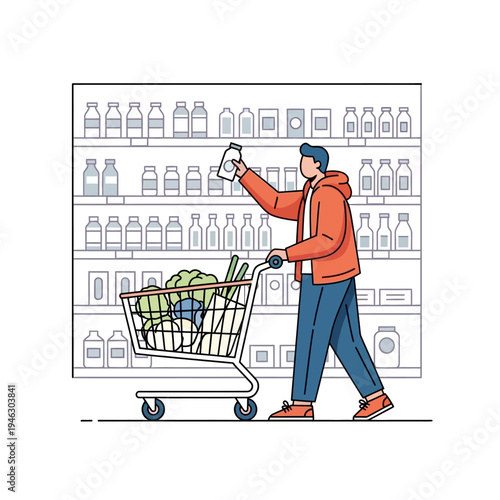Man with shopping cart choosing products in supermarket aisle with shelves full of goods